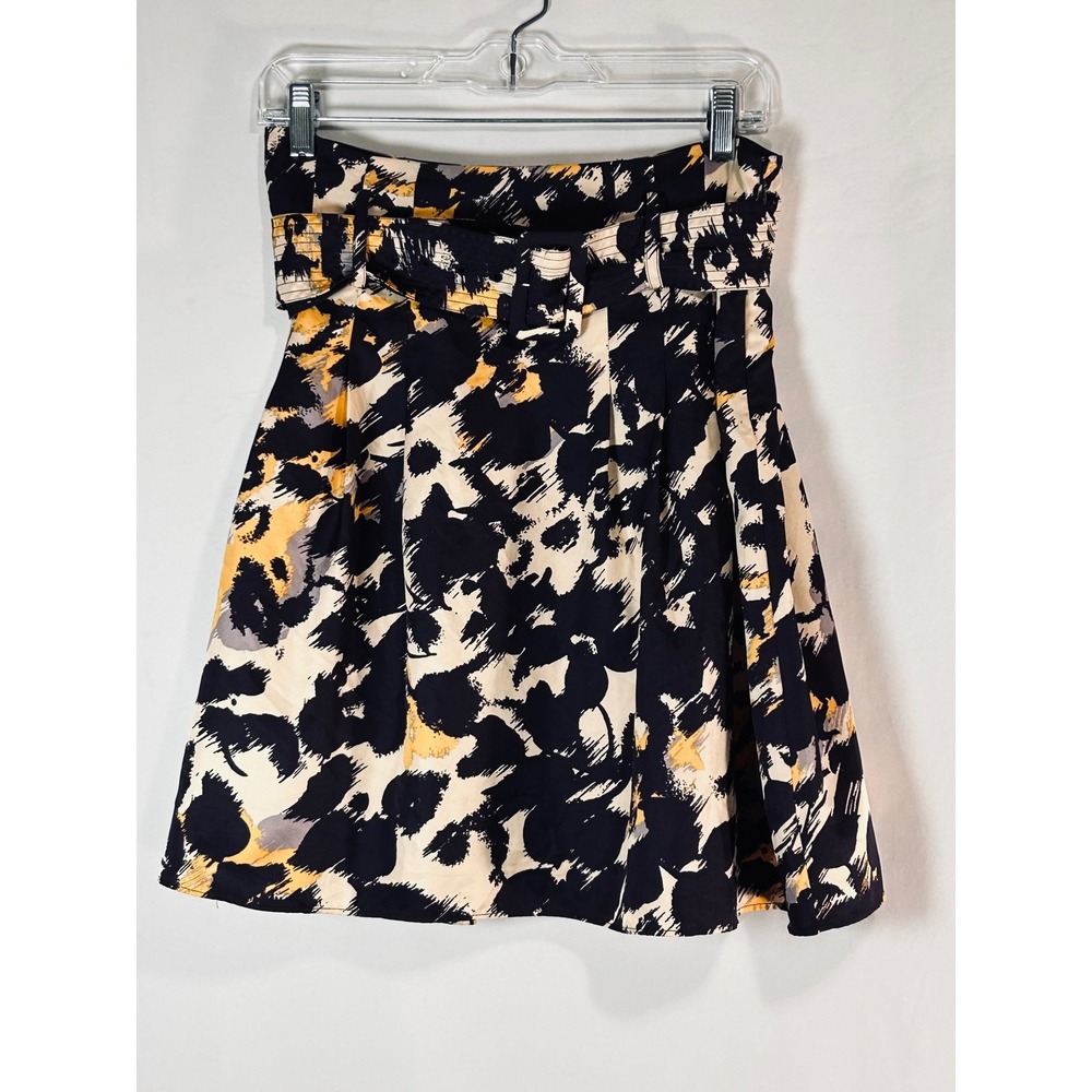 The Limited Belted Mini Skirt Navy Yellow Abstract Print High Waist Womens M
